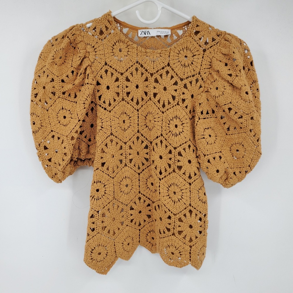 Zara Mustard Crochet Puff Sleeve Top